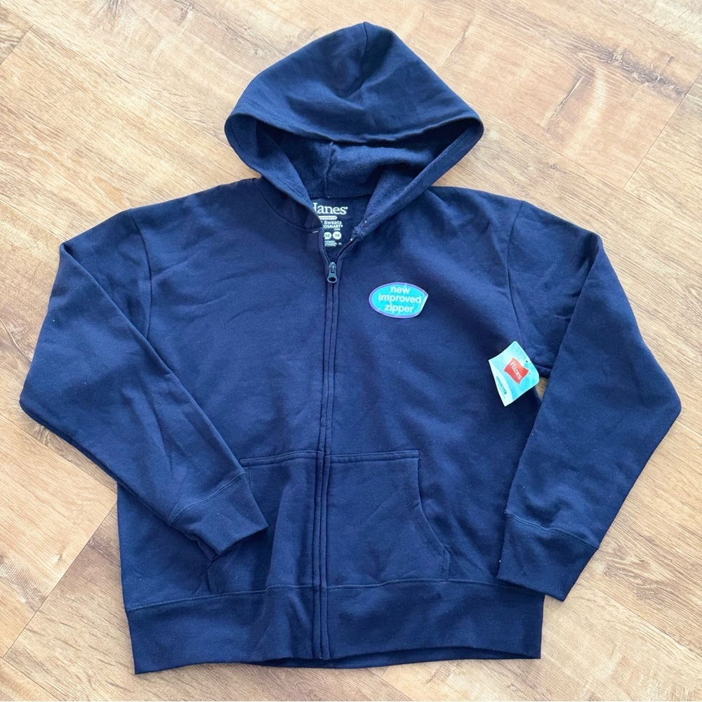 NWT Hanes EcoSmart Boys M (8-10) Full Zip Up Fleece Hoodie Sweatshirt Navy Blue